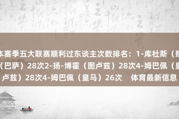 本赛季五大联赛顺利过东谈主次数排名：1-库杜斯（热刺）32次2-亚马尔（巴萨）28次2-扬-博霍（图卢兹）28次4-姆巴佩（皇马）26次    体育最新信息